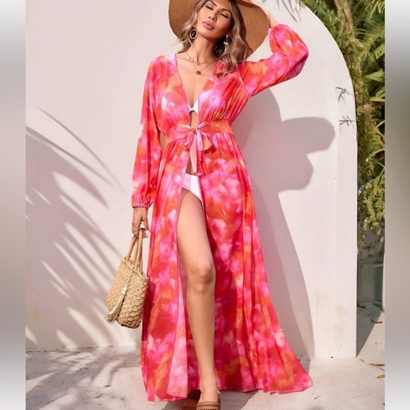 Swim Floral Cover Up Kimono Tie-Dye - Picture 1 of 4